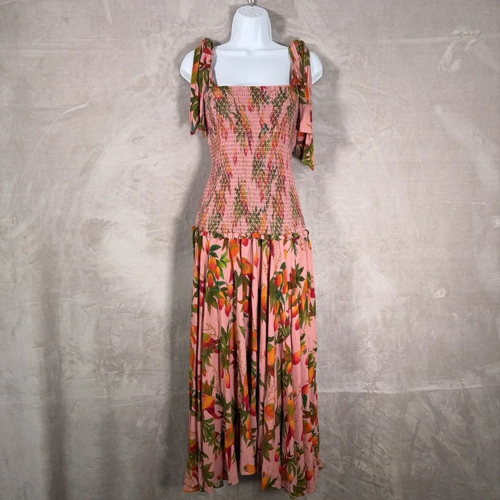 Farm Rio Mango Trees Smocked Bodice Midi Dress Womens Medium Pink Tropical
